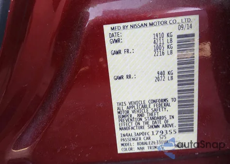 2015 Nissan Altima 2.5/2.5 S/2.5 Sl/2.5 Sv z USA, uszkodzony, nr VIN 1N4AL3AP0FC179355